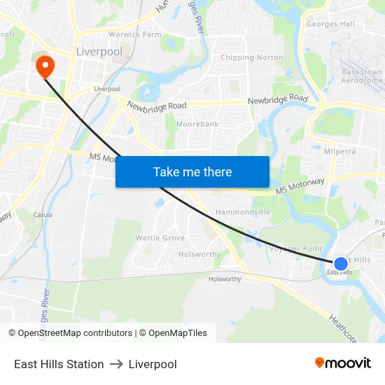 East Hills Station to Liverpool map