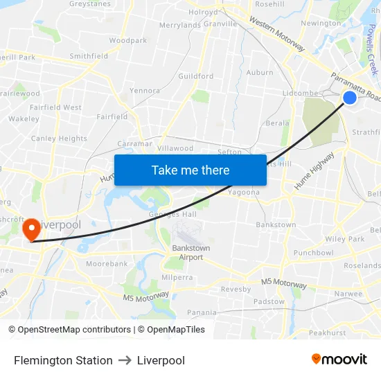 Flemington Station to Liverpool map