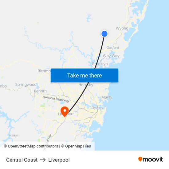Central Coast to Liverpool map