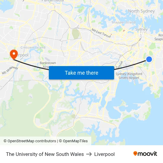 The University of New South Wales to Liverpool map
