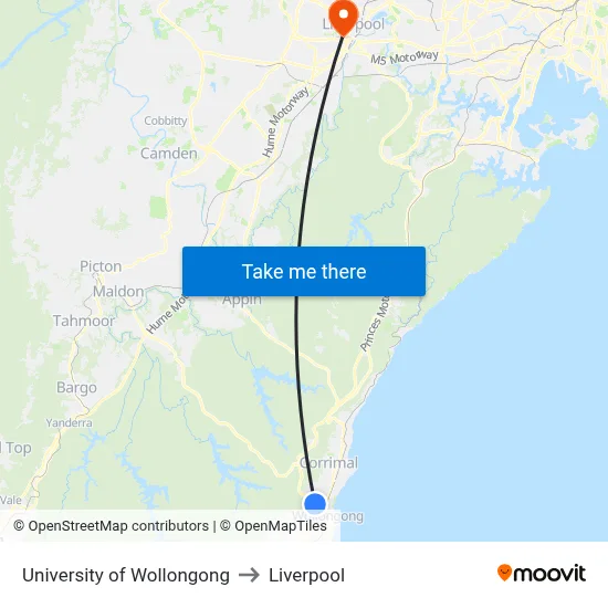 University of Wollongong to Liverpool map