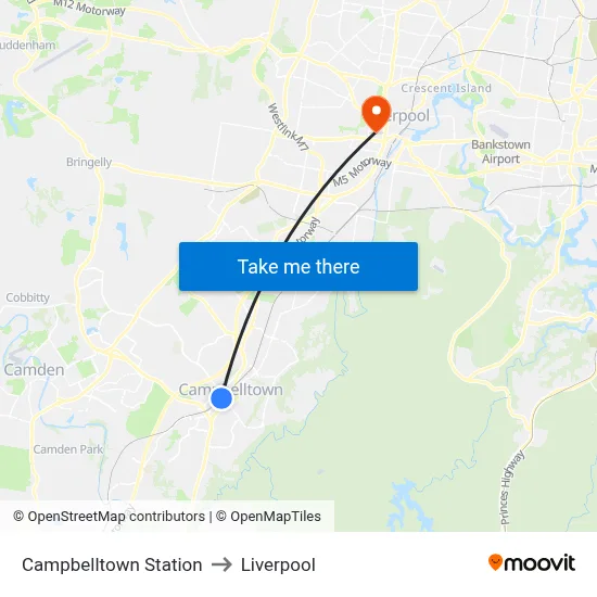 Campbelltown Station to Liverpool map