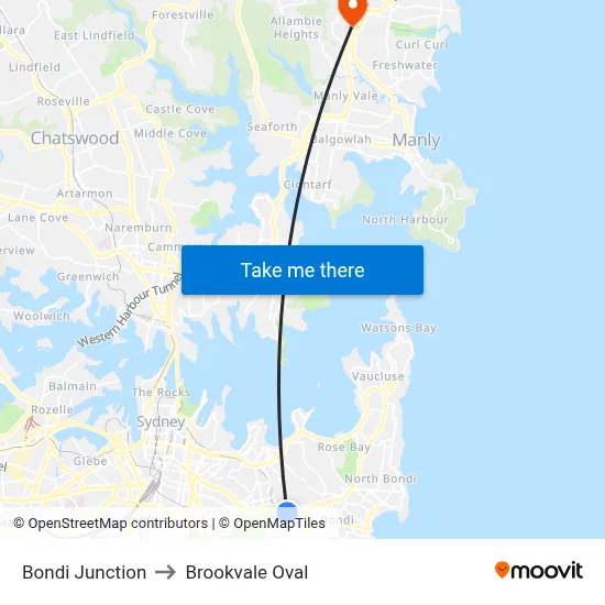 Bondi Junction to Brookvale Oval map