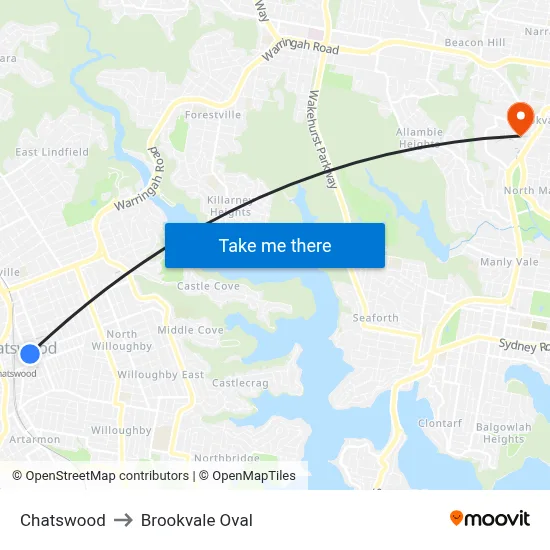 Chatswood to Brookvale Oval map