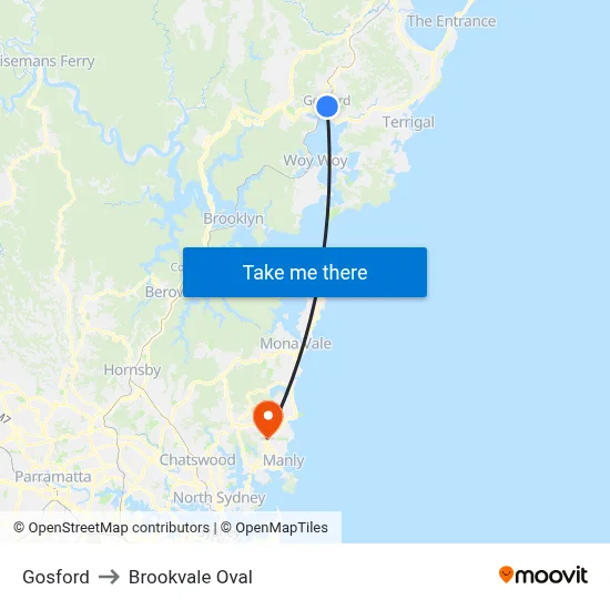 Gosford to Brookvale Oval map