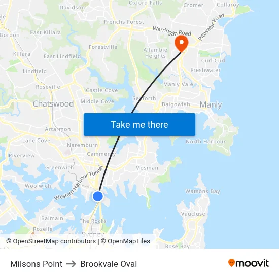 Milsons Point to Brookvale Oval map