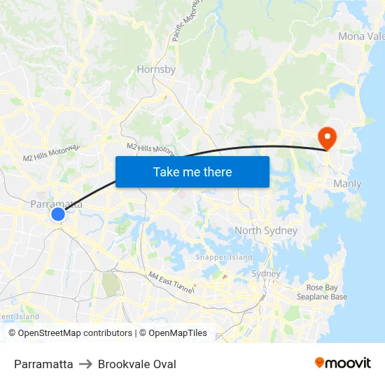 Parramatta to Brookvale Oval map