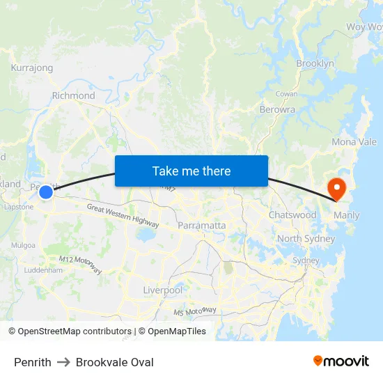 Penrith to Brookvale Oval map