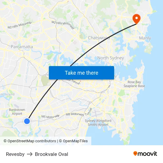 Revesby to Brookvale Oval map