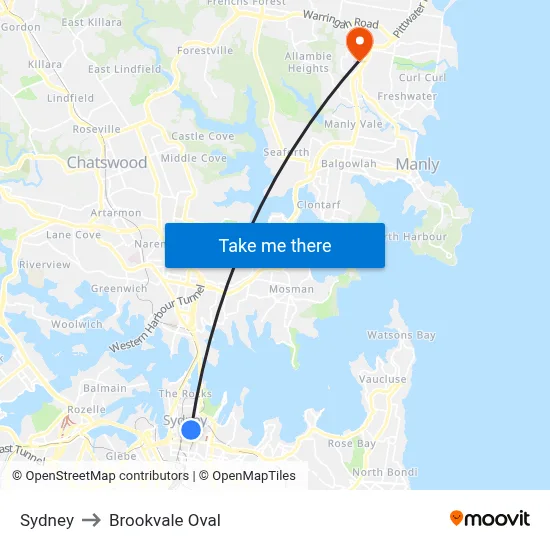 Sydney to Brookvale Oval map