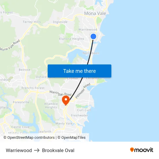 Warriewood to Brookvale Oval map