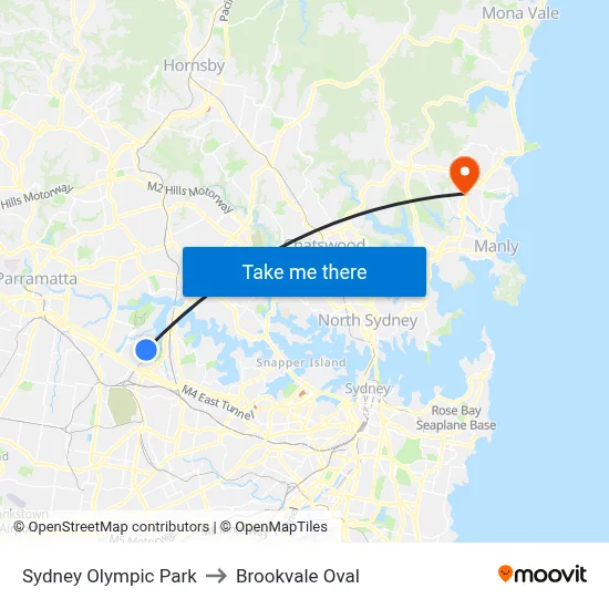 Sydney Olympic Park to Brookvale Oval map