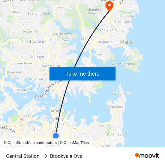 Central Station to Brookvale Oval map