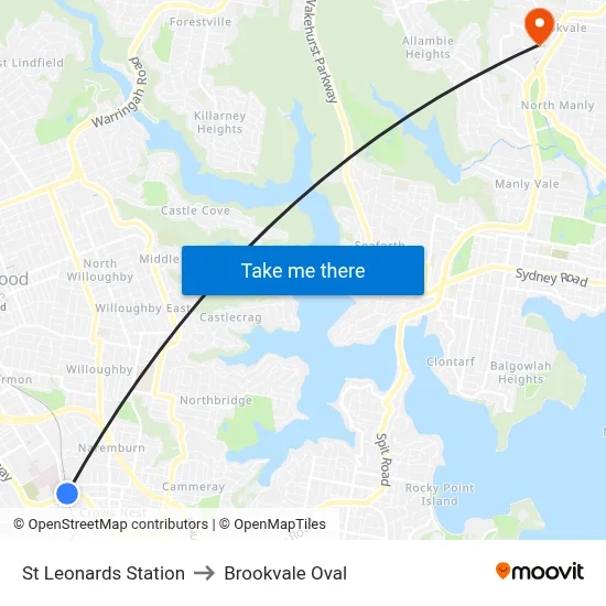 St Leonards Station to Brookvale Oval map