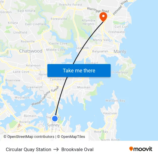 Circular Quay Station to Brookvale Oval map