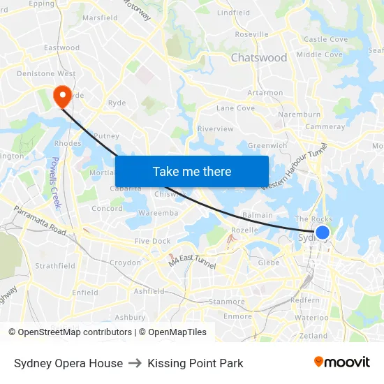 Sydney Opera House to Kissing Point Park map