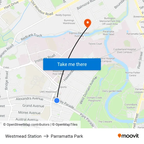 Westmead Station to Parramatta Park map