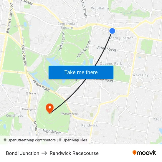 Bondi Junction to Randwick Racecourse map