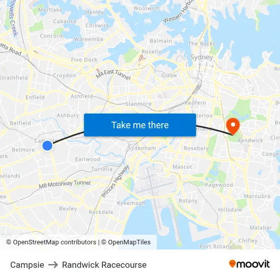 Campsie to Randwick Racecourse map