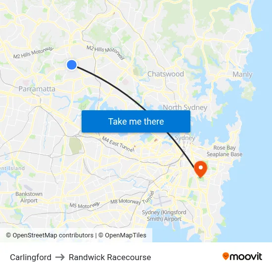 Carlingford to Randwick Racecourse map