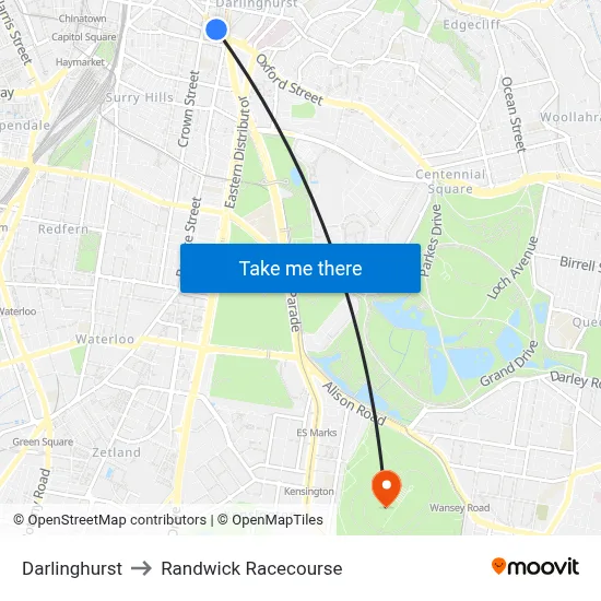 Darlinghurst to Randwick Racecourse map