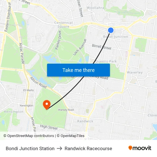 Bondi Junction Station to Randwick Racecourse map