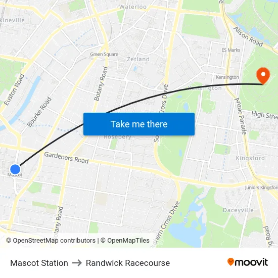 Mascot Station to Randwick Racecourse map