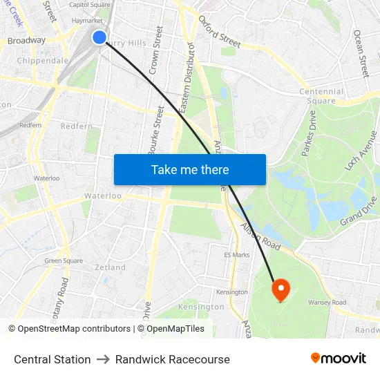 Central Station to Randwick Racecourse map