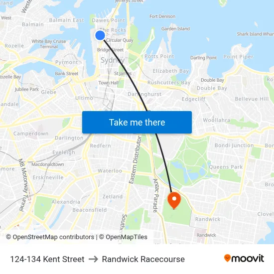 124-134 Kent Street to Randwick Racecourse map