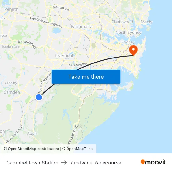 Campbelltown Station to Randwick Racecourse map