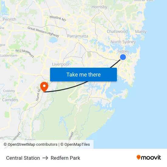 Central Station to Redfern Park map