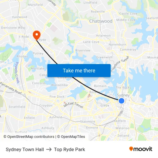 Sydney Town Hall to Top Ryde Park map