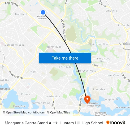 Macquarie Centre Stand A to Hunters Hill High School map