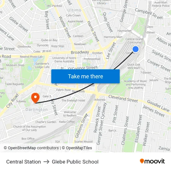 Central Station to Glebe Public School map