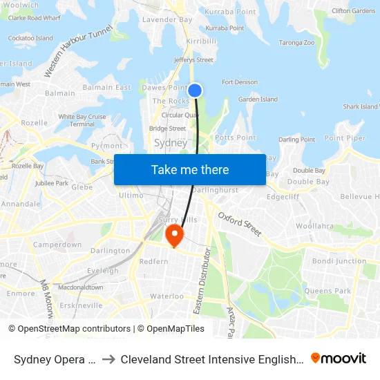 Sydney Opera House to Cleveland Street Intensive English High School map