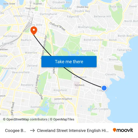 Coogee Beach to Cleveland Street Intensive English High School map
