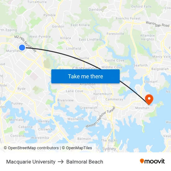 Macquarie University to Balmoral Beach map