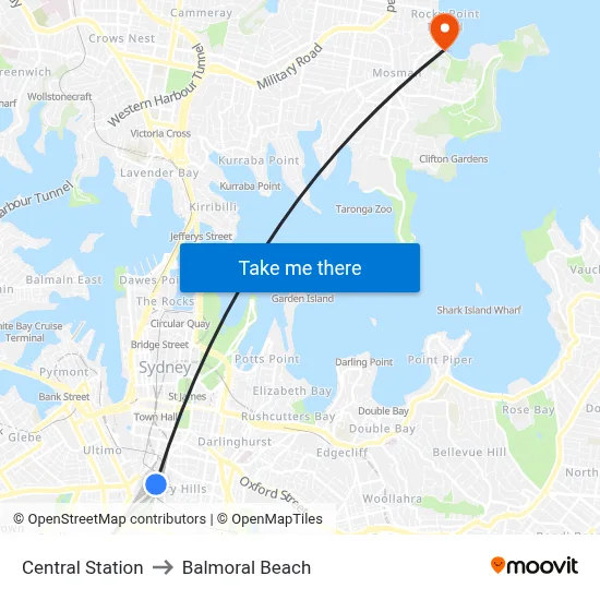 Central Station to Balmoral Beach map