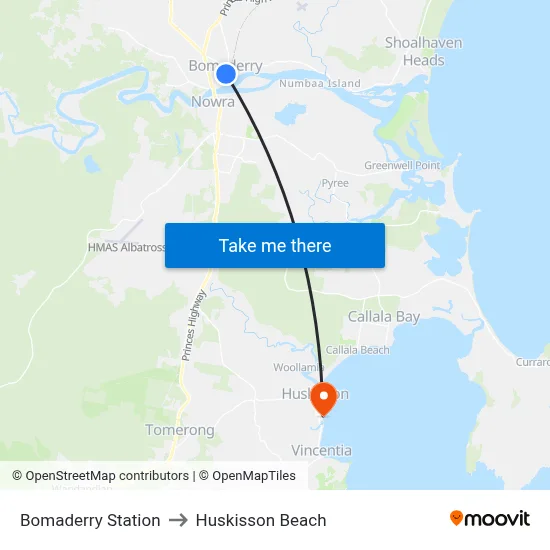 Bomaderry Station to Huskisson Beach map