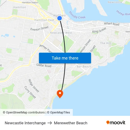 Newcastle Interchange to Merewether Beach map