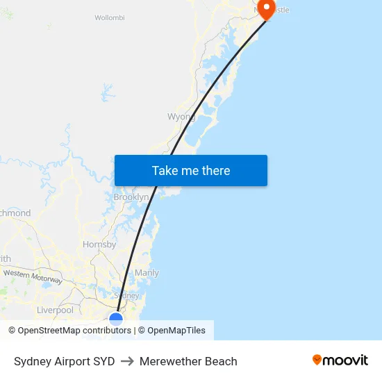 Sydney Airport SYD to Merewether Beach map