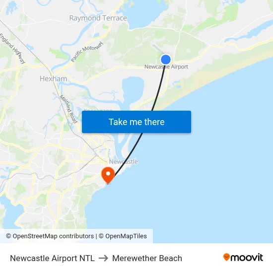 Newcastle Airport NTL to Merewether Beach map