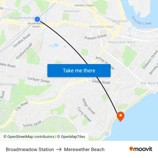 Broadmeadow Station to Merewether Beach map
