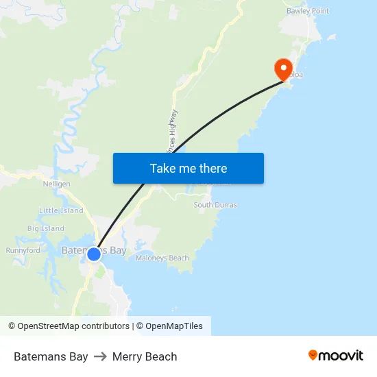 Batemans Bay to Merry Beach map