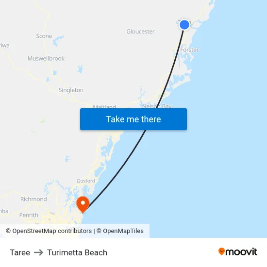 Taree to Turimetta Beach map