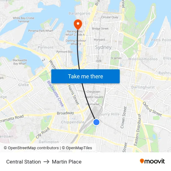 Central Station to Martin Place map
