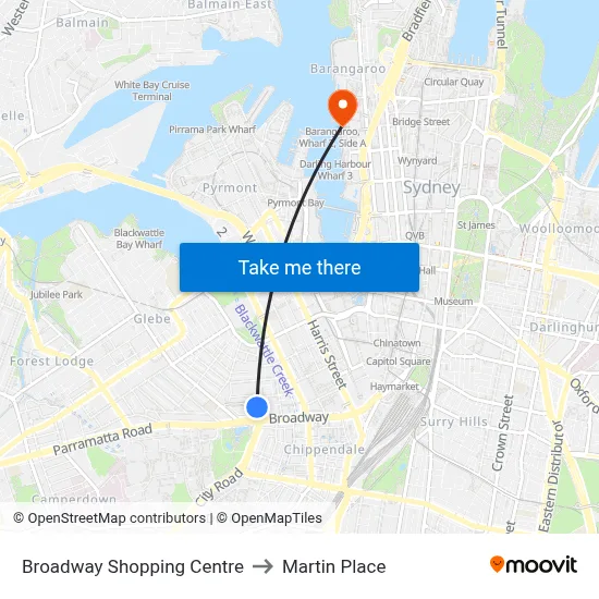 Broadway Shopping Centre to Martin Place map