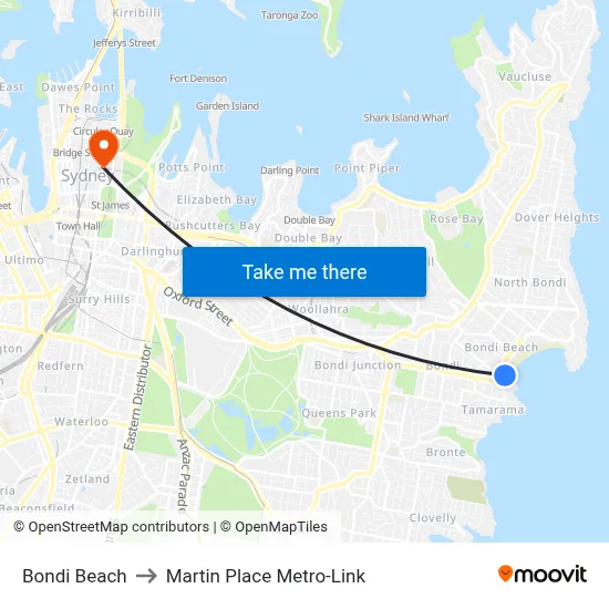 Bondi Beach to Martin Place Metro-Link map