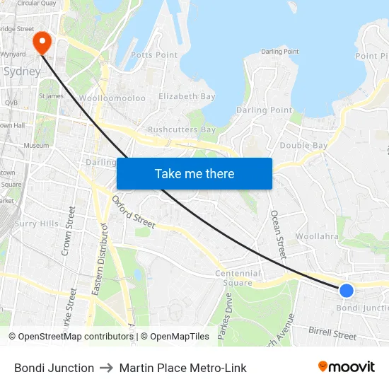 Bondi Junction to Martin Place Metro-Link map