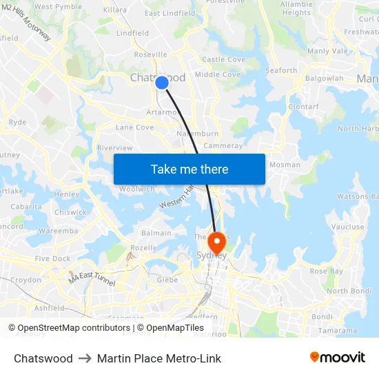 Chatswood to Martin Place Metro-Link map